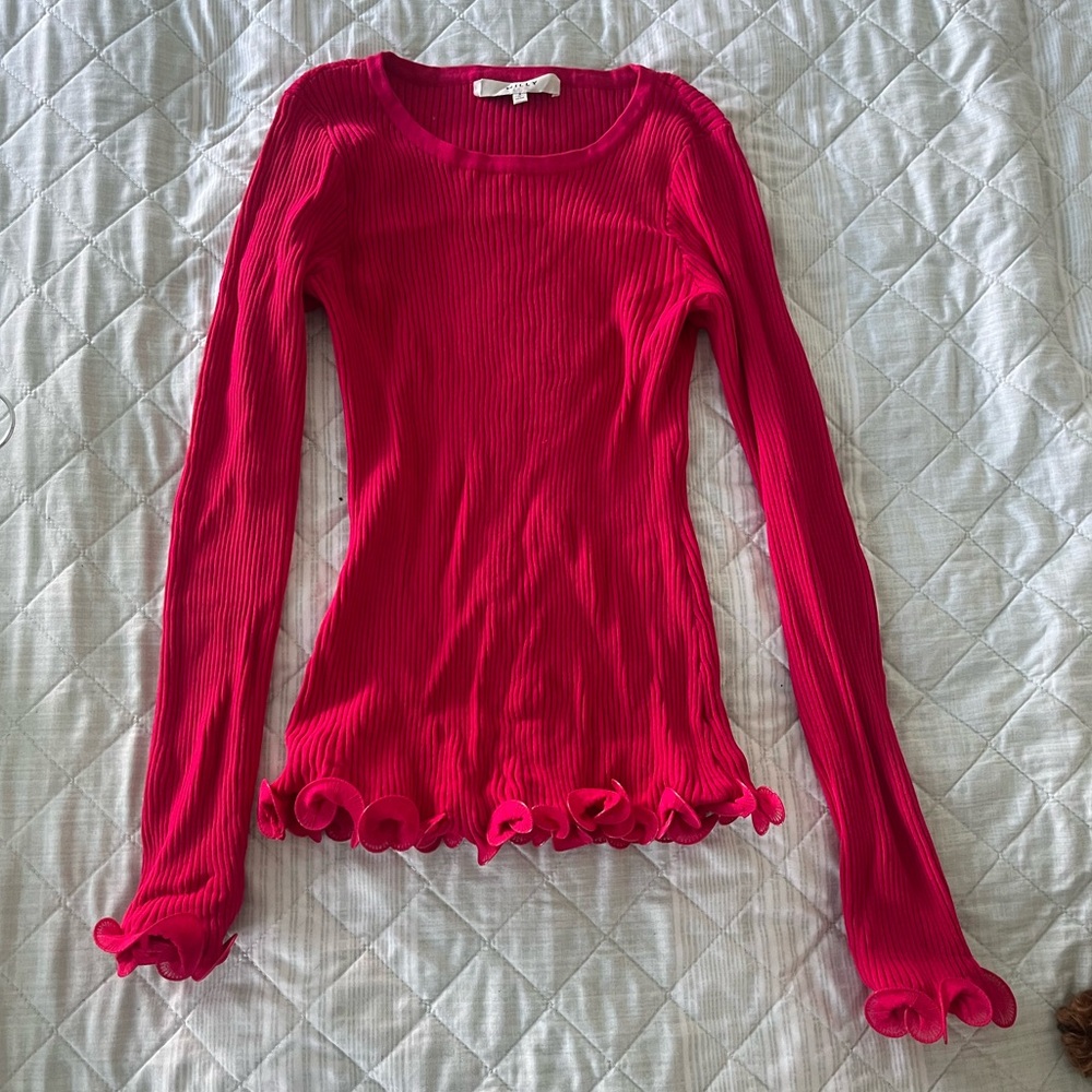 Women's Ribbed Long Sleeve Top - Pink with ruffles